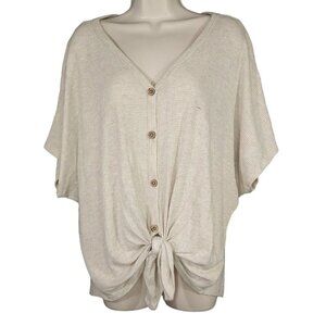 Fantastic Fawn Knotted Pullover Waffle Knit Top Women Size L Sand Tan Short Slv